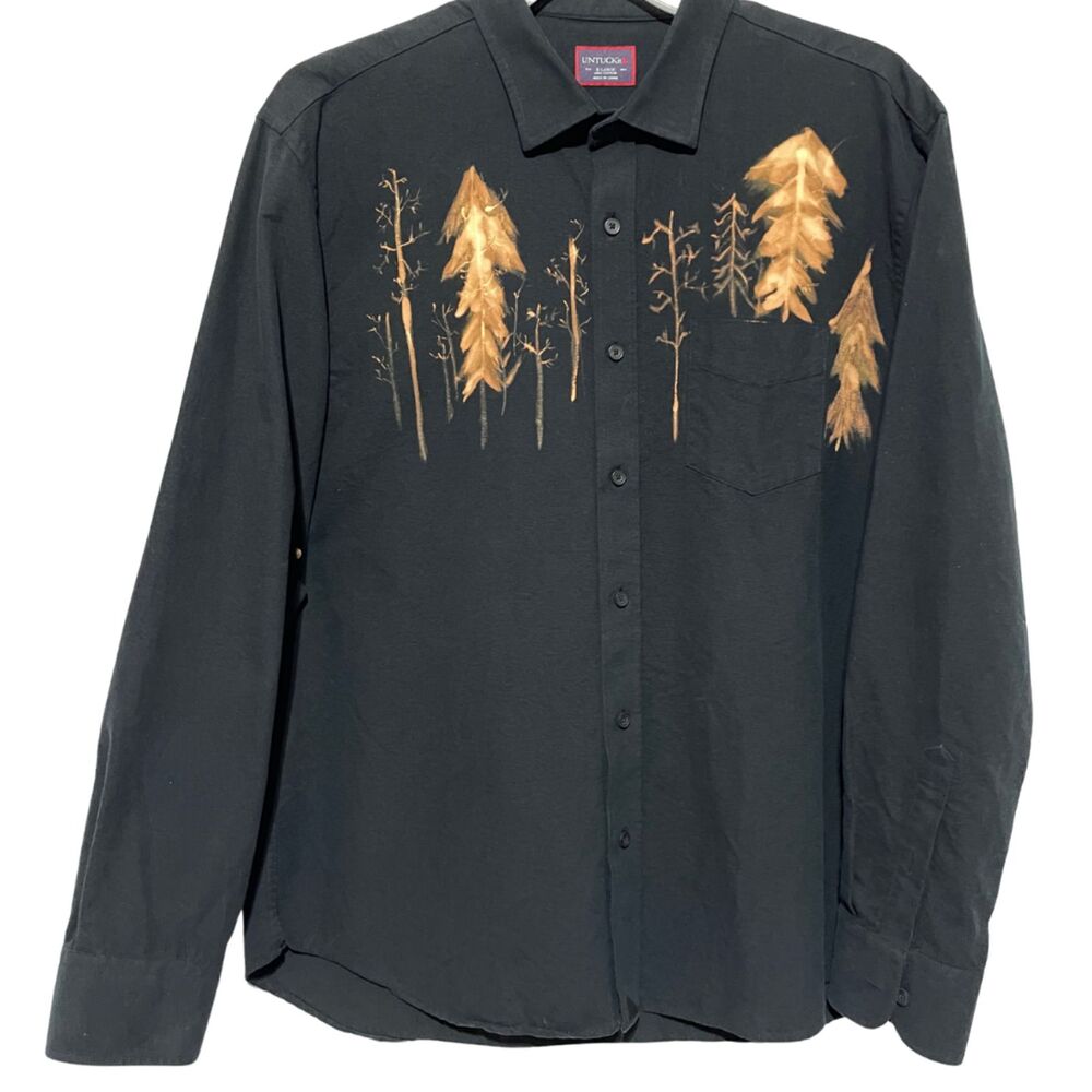 Upcycled UNTUCKit Bleach Painted Pine Tree Motifs Long Sleeve Shirt